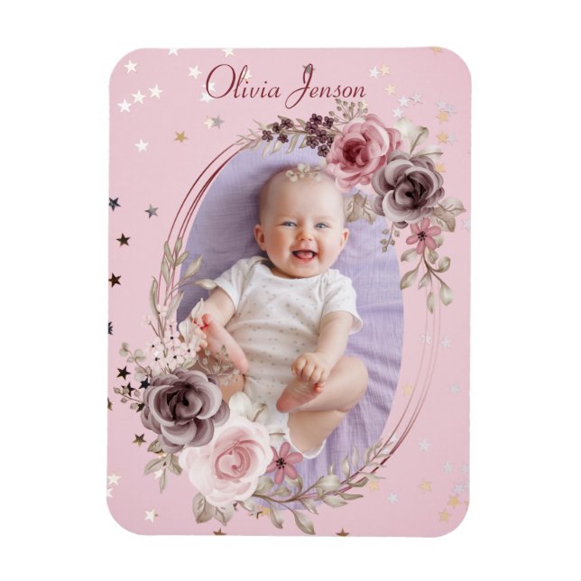 Flicka Photo Cute Elegant Modern Rosa blommigt Magnet (Vertikal)