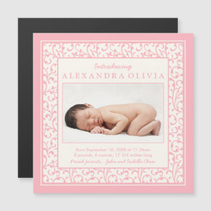 Flicka Photo Damask Blommigt Birth Notice Magnetisk Inbjudningskort