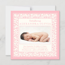 Flicka Photo Damask Blommigt Birth Notice