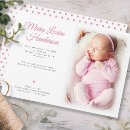 Flicka Photo Rosa Dots Birth Announcement Card Tack Kort