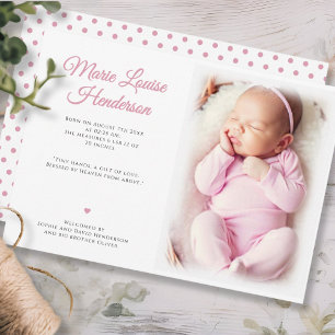 Flicka Photo Rosa Dots Birth Announcement Card Tack Kort
