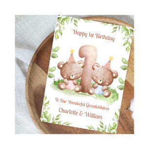 Flicka Pojke Tvillingar 1-årsdag Teddybjörnar Kort