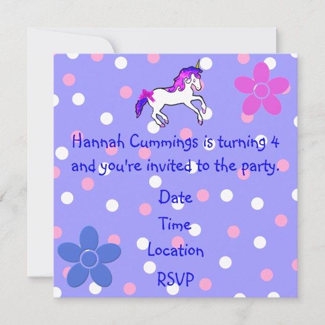 Flicka Polka pricker och Unicornfödelsedaginbjudan Inbjudningar (Framsida)