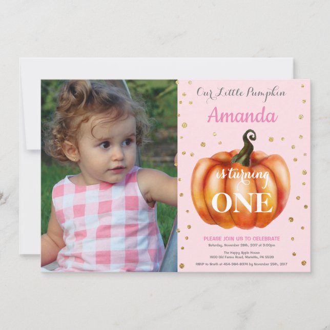 Flicka Pumpa Höst Födelsedagsinbjudan Guld Inbjudningar (Framsida)