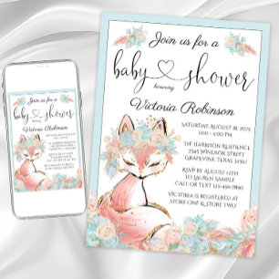 Flicka Räv Rosa Teal Guld Akvarell Baby Shower Inbjudningar