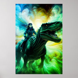 Flicka ridande på dinosaurie för vuxna + Barnens v Poster