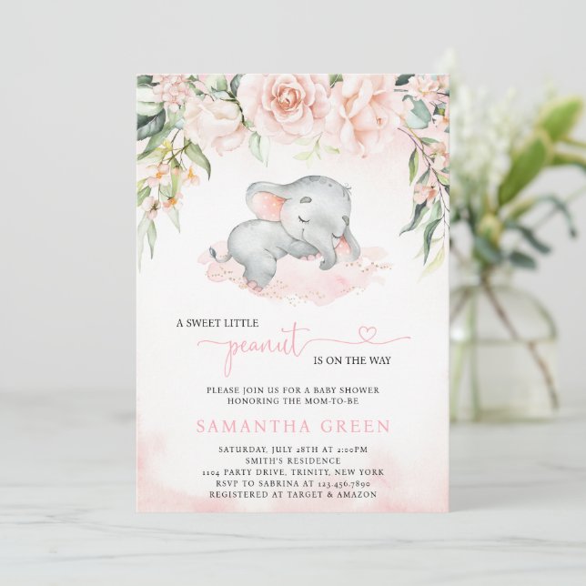 Flicka Röda Elefant Bebis Shower Inbjudan (Stående Fram)