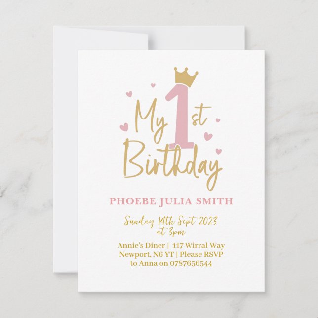 flicka Rosa 1:a födelsedagsinbjudan Inbjudningar (Framsida)