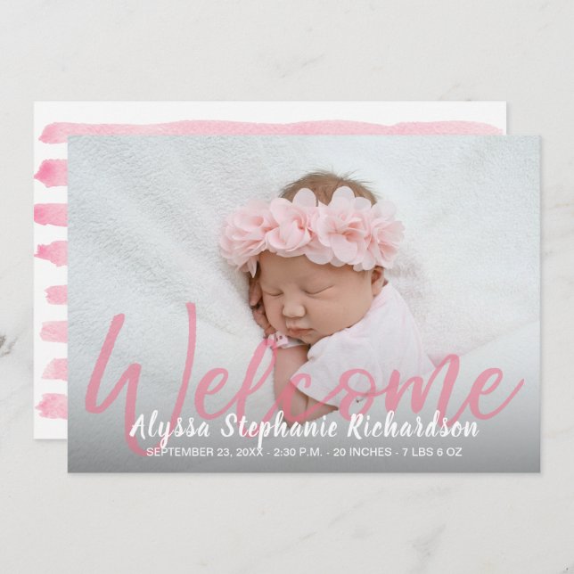 Flicka Rosa 1 Välkomstmeddelande om foto Inbjudningar (Fram/baksida)