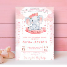Flicka Rosa akvarell elefant baby shower 