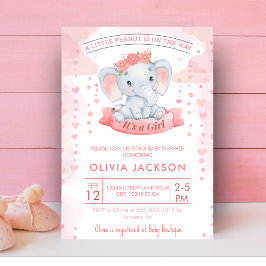 Flicka Rosa akvarell elefant baby shower  Inbjudningar