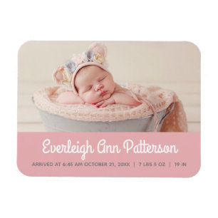 Flicka Rosa Anpassningsbar Foto Birth Notice Magnet