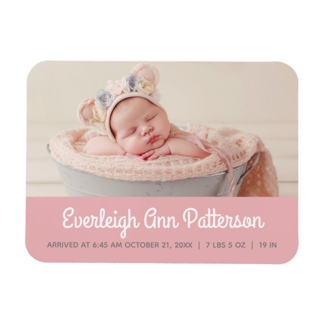 Flicka Rosa Anpassningsbar Foto Birth Notice Magnet (Horisontell)