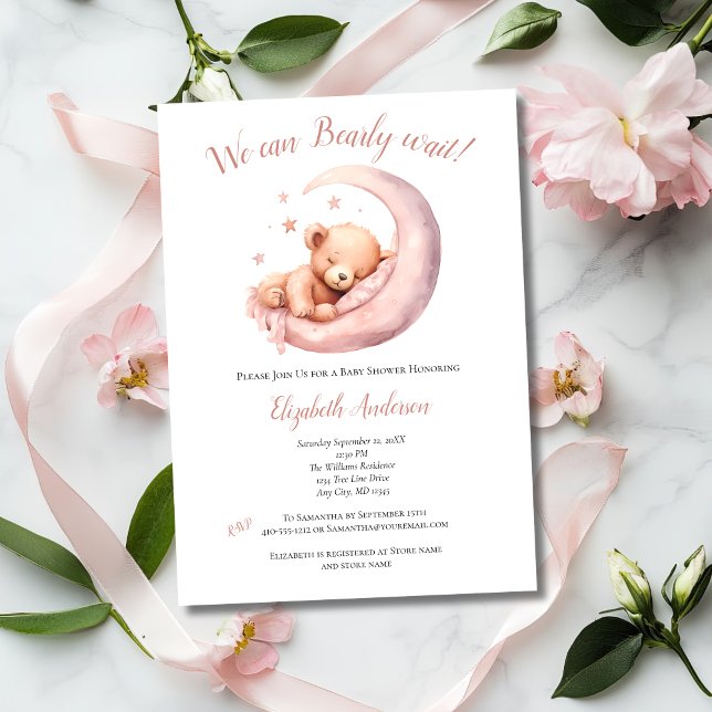 Flicka Rosa Bear Måne Barly Wait Baby Shower Inbjudningar (Pink Baby Girl Baby Shower Invitation Bearly Wait Bear sleeping in moon. Printed or digital download)
