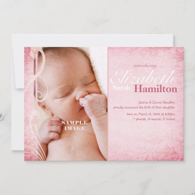 Flicka Rosa Birth Notice Meddelande (Framsida)