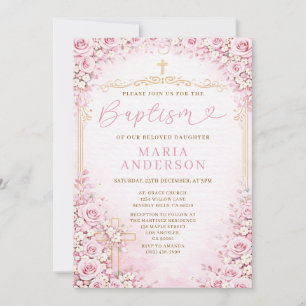 Flicka Rosa Blommig Dop Blush Ros Religion Kors Inbjudningar