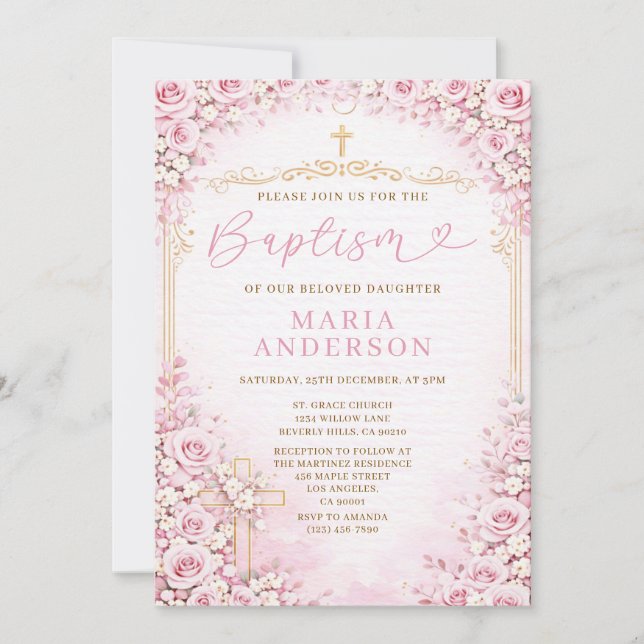 Flicka Rosa Blommig Dop Blush Ros Religion Kors Inbjudningar (Framsida)