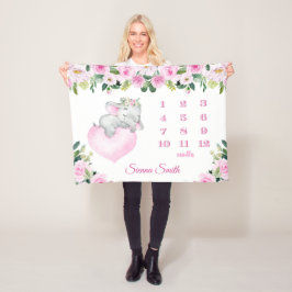 Flicka Rosa Blommigt Baby Elephant Milestone Namn Fleecefilt