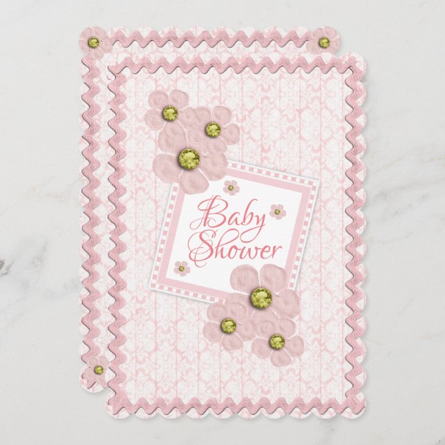 Flicka Rosa Blommigt Damask Rick Rack Baby Shower Inbjudningar (Fram/baksida)
