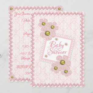 Flicka Rosa Blommigt Damask Rick Rack Baby Shower Inbjudningar
