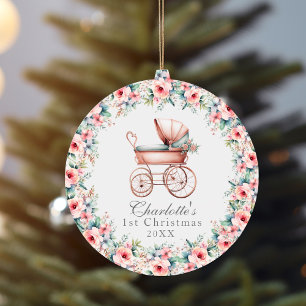 Flicka Rosa Blommigt Första jul Barnvagn Julgransprydnad Keramik