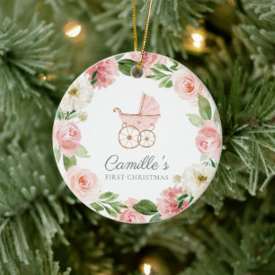 flicka Rosa Blommigt Första jul Ornamet Julgransprydnad Keramik