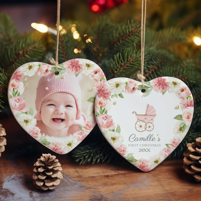 Flicka Rosa Blommigt Första julfoto Julgransprydnad Keramik (Baby Girl First Christmas Photo Ornament)