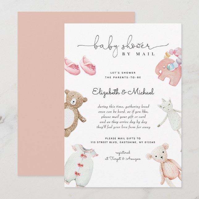 Flicka Rosa Boho Watercolor Baby Shower by Mail Inbjudningar (Fram/baksida)