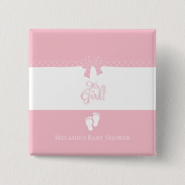 Flicka Rosa Bows & Little Feet Anpassningsbar Knapp (Framsida)