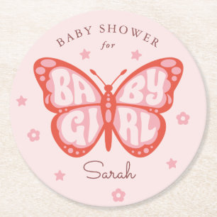 Flicka Rosa Butterfly Baby Shower Underlägg Papper Rund
