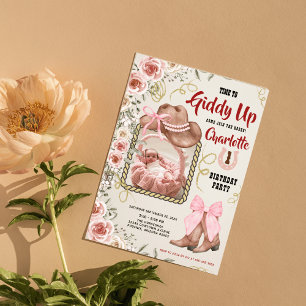 Flicka Rosa Cowgirl Blommigt 1:a födelsedagsfotot Inbjudningar