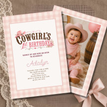 Flicka Rosa Cowgirl Gingham Foto 1-årsdag