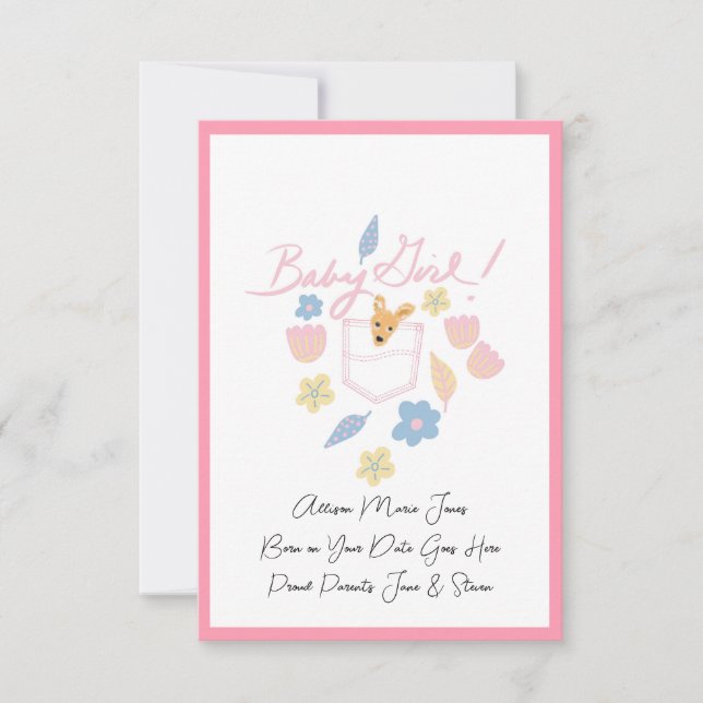 Flicka Rosa Cute Kangaroo Birth Notice (Framsida)