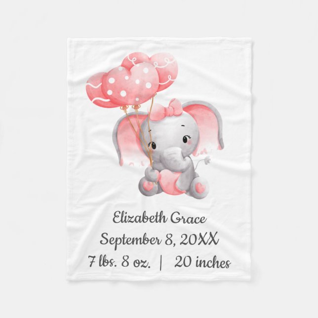 Flicka Rosa Elephant Balloons Birth Stats Baby Fleecefilt (Framsidan)