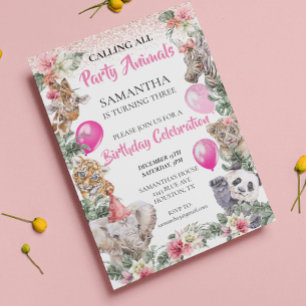 Flicka Rosa Födelsedagsfest Djur Djungel Safari Inbjudningar