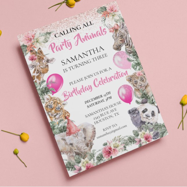 Flicka Rosa Födelsedagsfest Djur Djungel Safari Inbjudningar (Skapare uppladdad)