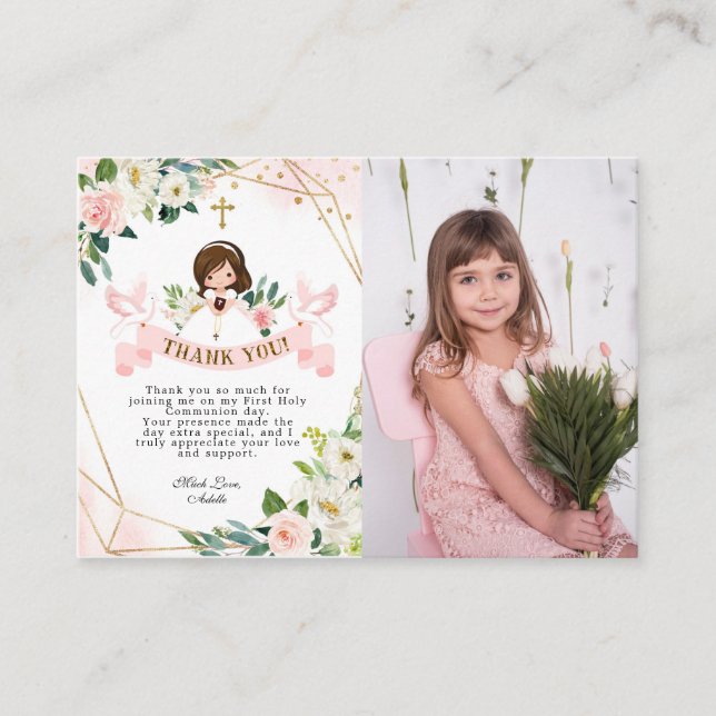 Flicka Rosa Första Kommunion tackkort med foto Tilläggskort (Framsida)
