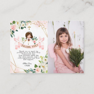 Flicka Rosa Första Kommunion tackkort med foto Tilläggskort