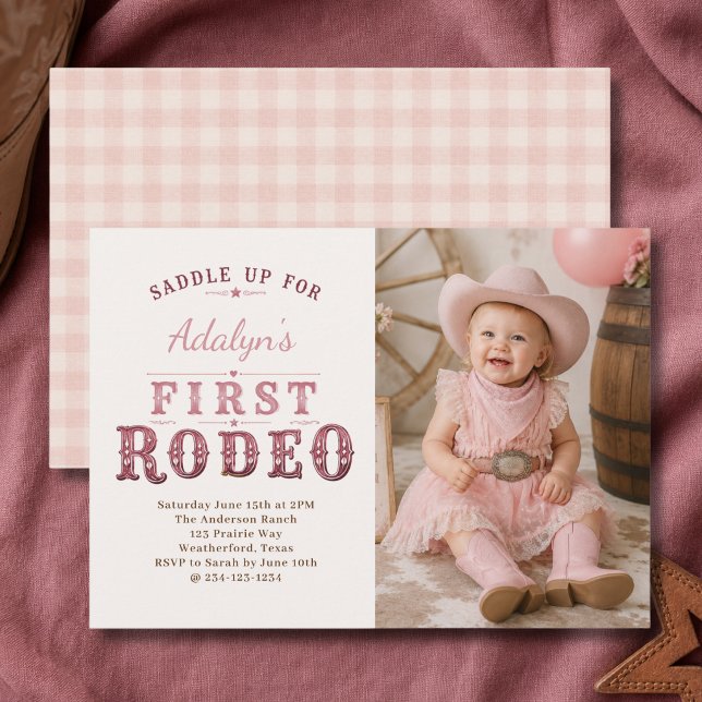 Flicka Rosa Första Rodeo Foto 1-årsdag Inbjudningar (Skapare uppladdad)