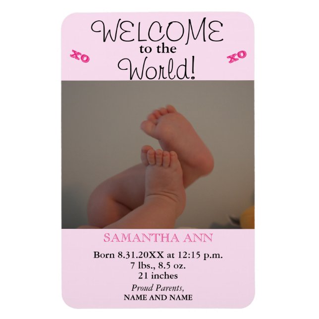 Flicka Rosa Foto Birth Stats Announcement Magnet (Vertikal)