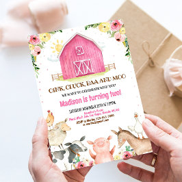 Flicka Rosa Gårdsdjur Bondgård Födelsedagsinbjudan Inbjudningar