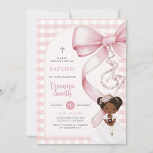 Flicka Rosa Gingham Dop Rosa Band Pärl Afro hår Inbjudningar