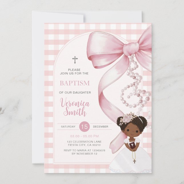 Flicka Rosa Gingham Dop Rosa Band Pärl Afro hår Inbjudningar (Framsida)