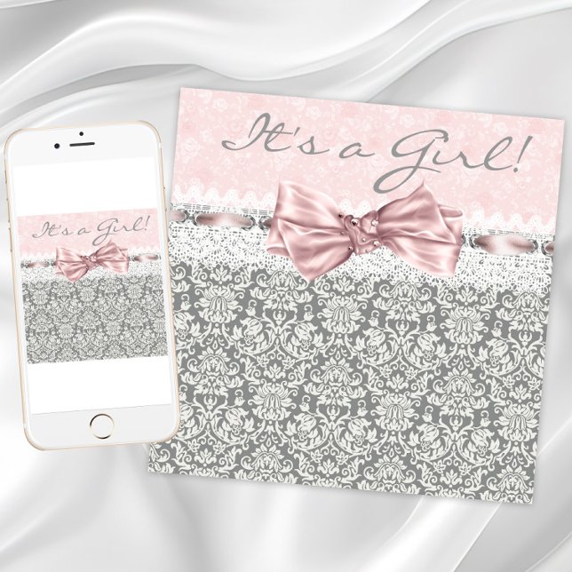 Flicka Rosa Grå Baby Shower Inbjudningar (Pink and gray baby shower invitations. Instant download and printed invitations available.)