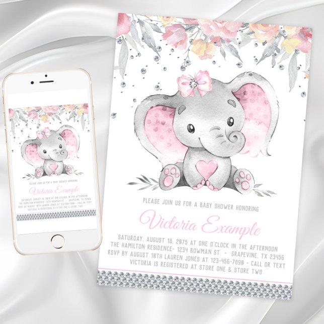Flicka Rosa Grå Elefant Diamant Baby Shower Inbjudningar (Girl elephant baby shower invitation with cute baby elephant on a floral and diamond background.)