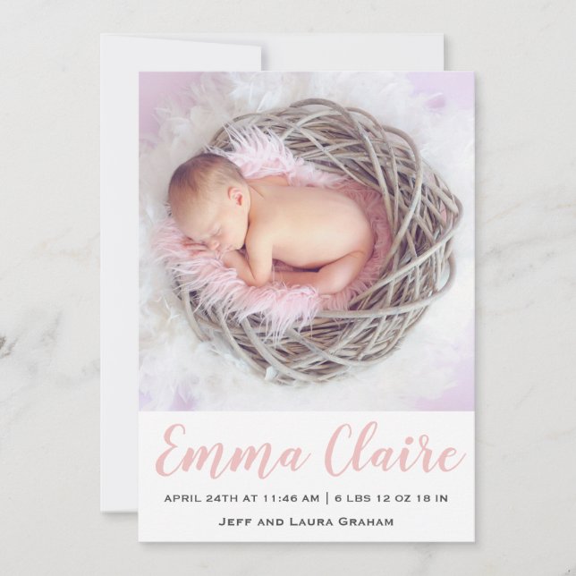 Flicka Rosa Marble Photo Birth Notice Inbjudningar (Framsida)