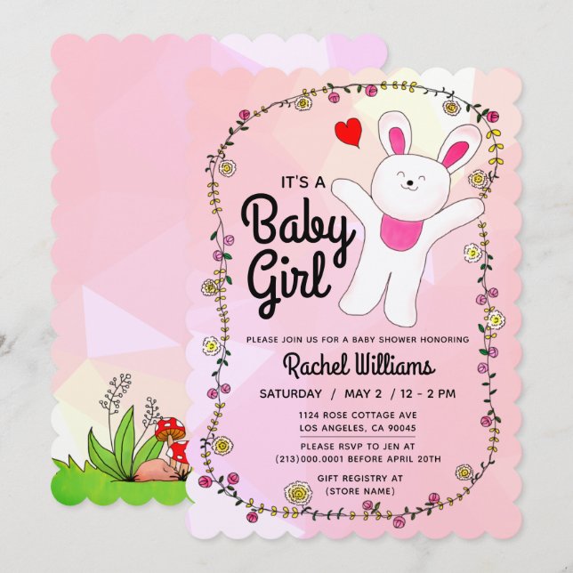Flicka - Rosa med Bunny Baby Shower Card Inbjudningar (Fram/baksida)