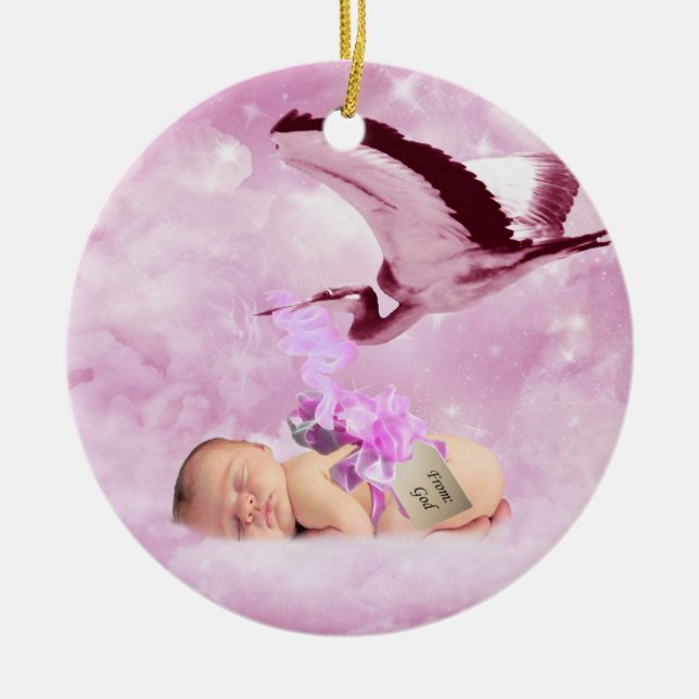 Flicka rosa moln och stork christmas-ornament julgransprydnad keramik (Framsidan)