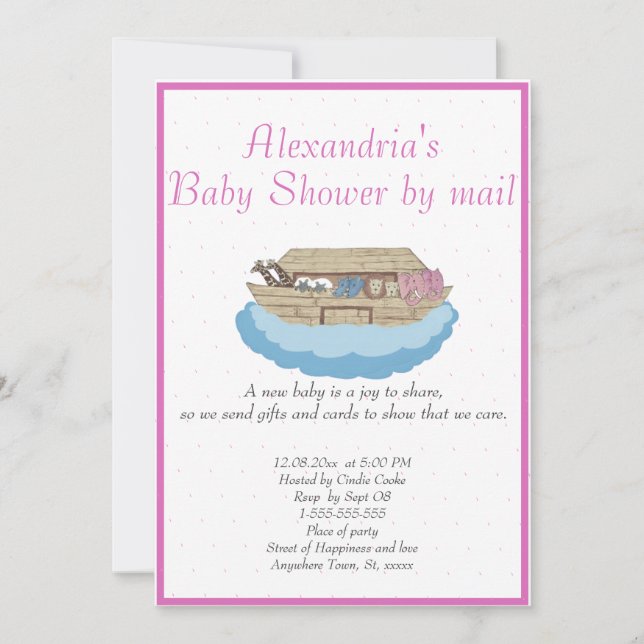 Flicka Rosa Noahs inbjudan till Ark Baby Shower (Framsida)