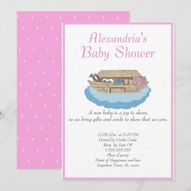 Flicka Rosa Noahs inbjudan till Ark Baby Shower (Fram/baksida)